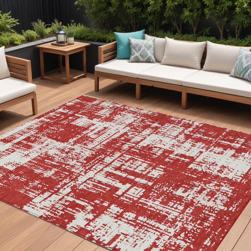 Tapis intérieur lavable abstrait 10 pi x 14 pi rouge et ivoire