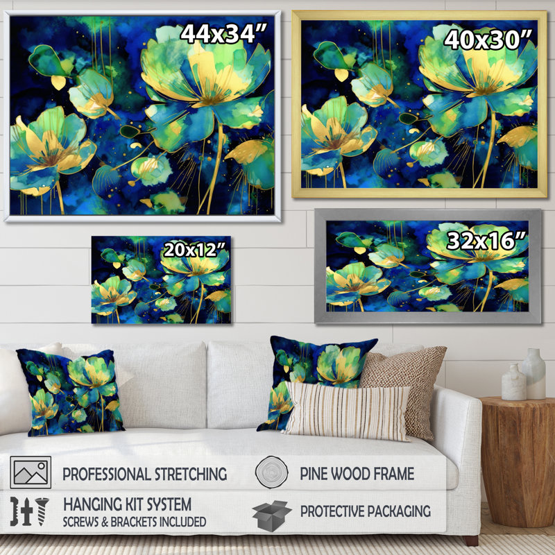 Étang de lotus vert sur toile, Encadrement doré, H 24 po x l 32 po x P 1 po