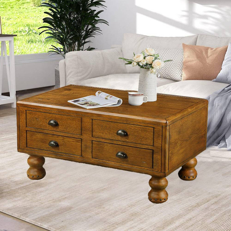 Table basse rectangulaire en bois massif, centre de table 4 tiroirs, Brun