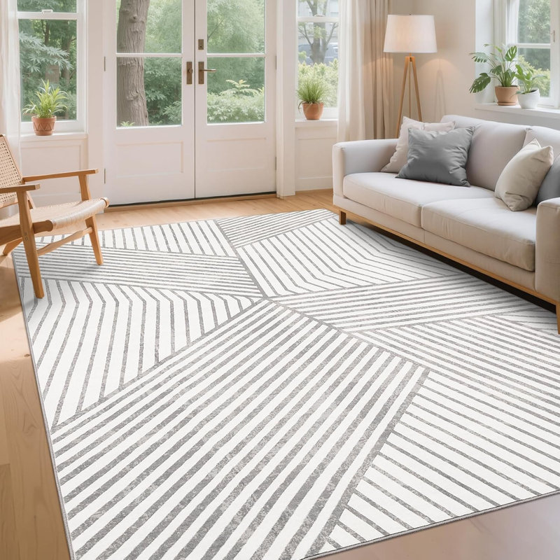 Modern Washable Striped Hallway Runner, Non-Slip, Low Pile, Farmhouse Rug for Kitchen & Laundry - Black, Rectangle 5' x 7'