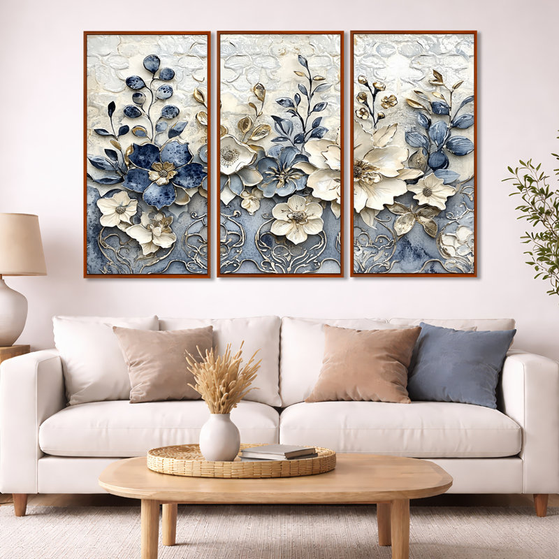 «White and Blue Floral Abstract Tiles II», ensemble d'art mural fleurs, Toile avec cadre flottant brun