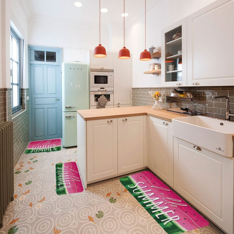 Ensemble de 3 tapis de cuisine rose et vert pastèque pour cuisine et patio