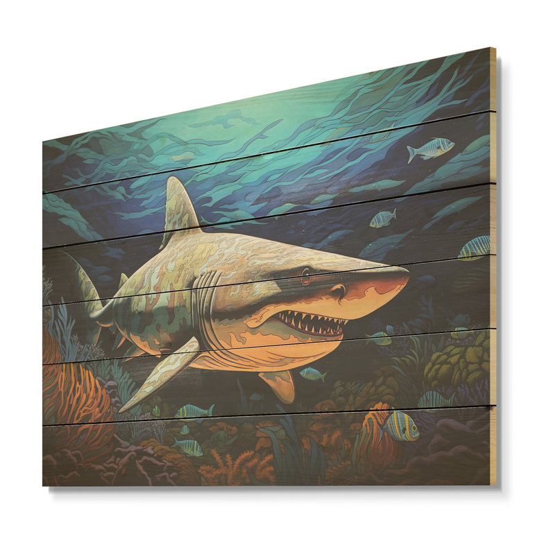 Bull Shark Depths Photography I - Shark Wood Art On Natural Pine Wood, 10" H x 20" W