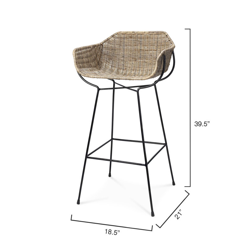 Woven Rattan and Black Metal Bohemian Bar Stool