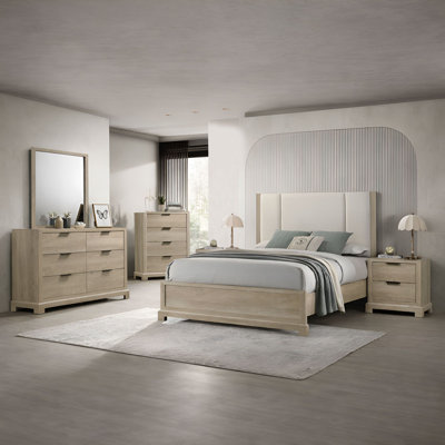 Ensemble de chambre à coucher 6 pièces Rosenfeld, grand lit, commode avec miroir, commode, 2 tables de chevet, ensemble de mobilier de rangement moderne pour les espaces de chambre organisés