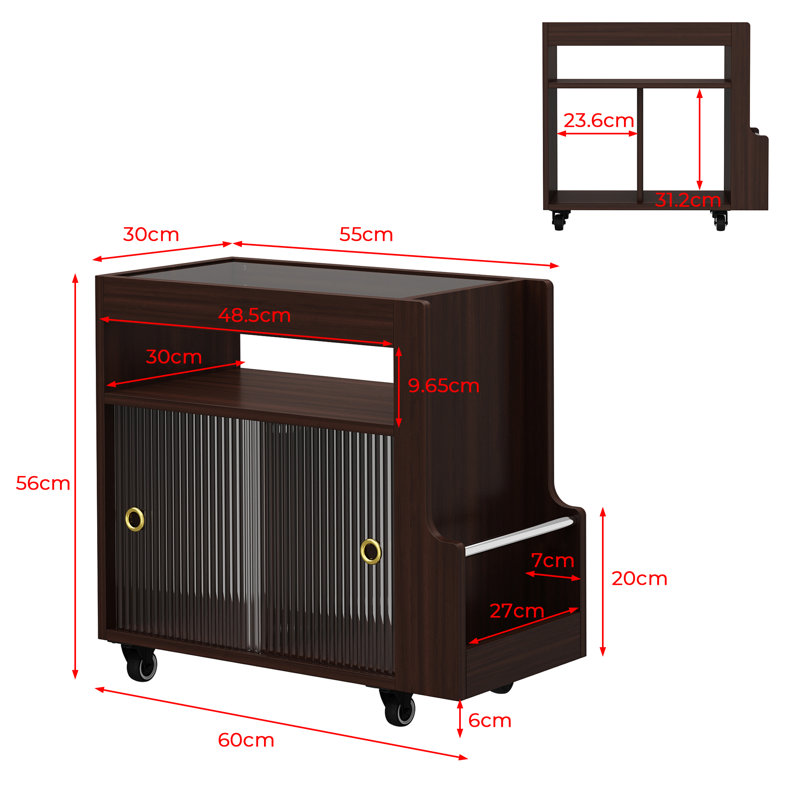 Mobile With Wheels, Wooden With Open Shelf, With Glass Top & Sliding Glass Doors For Living Room Bedroom, Walnut Side Table with Storage