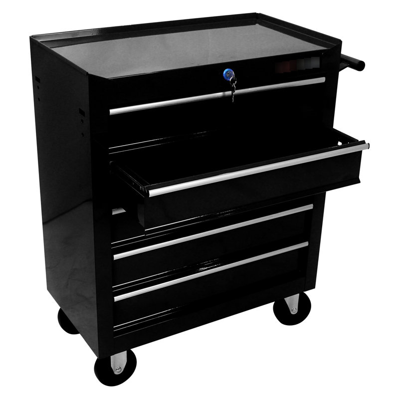Coffre à outils noir 5 tiroirs avec serrure et mobilité à 4 roues, garage 5 boîtes pour l'espace de travail, noir, Noir