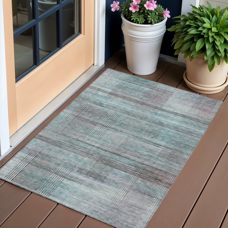 Tapis extérieur lavable rayé bleu sarcelle et gris anthracite 3 pi x 5 pi