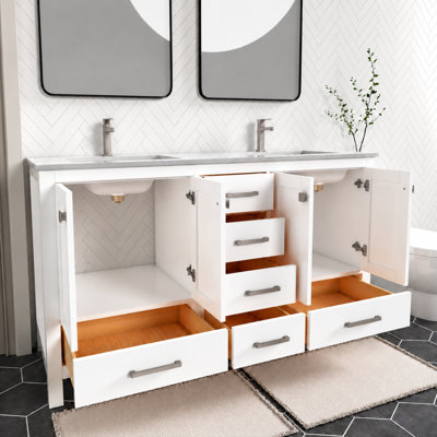 Meuble-lavabo autoportant 60 po Anvay en blanc mat avec comptoir en quartz de Carrare