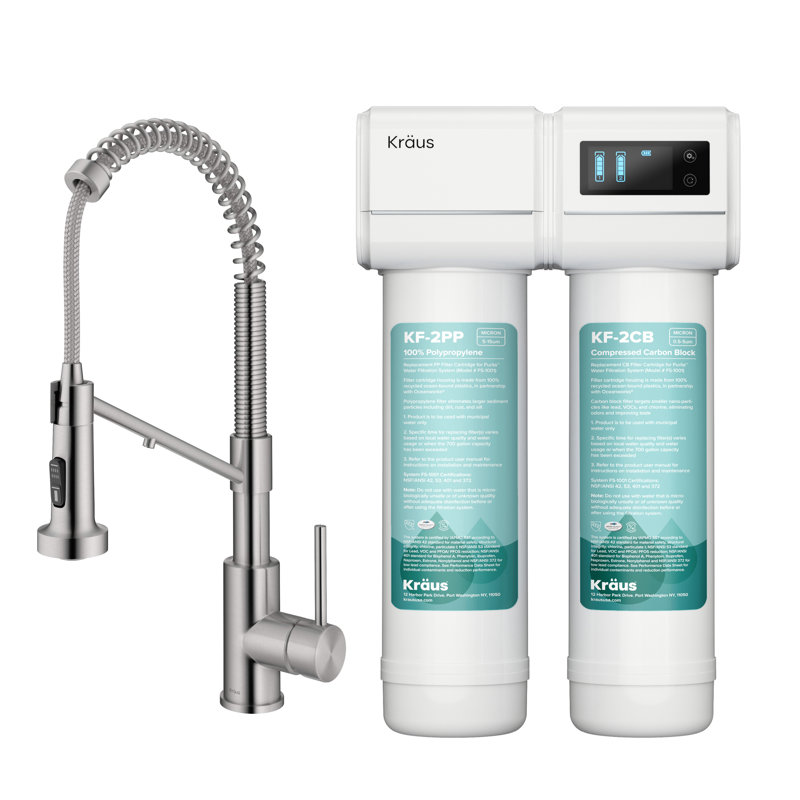 KRAUS Bolden 2-In-1 Commercial Style Pull-Down Single Handle Water Filter Kitchen Faucet In Spot-Free With Purita 2-Stage Under-Sink Filtration System