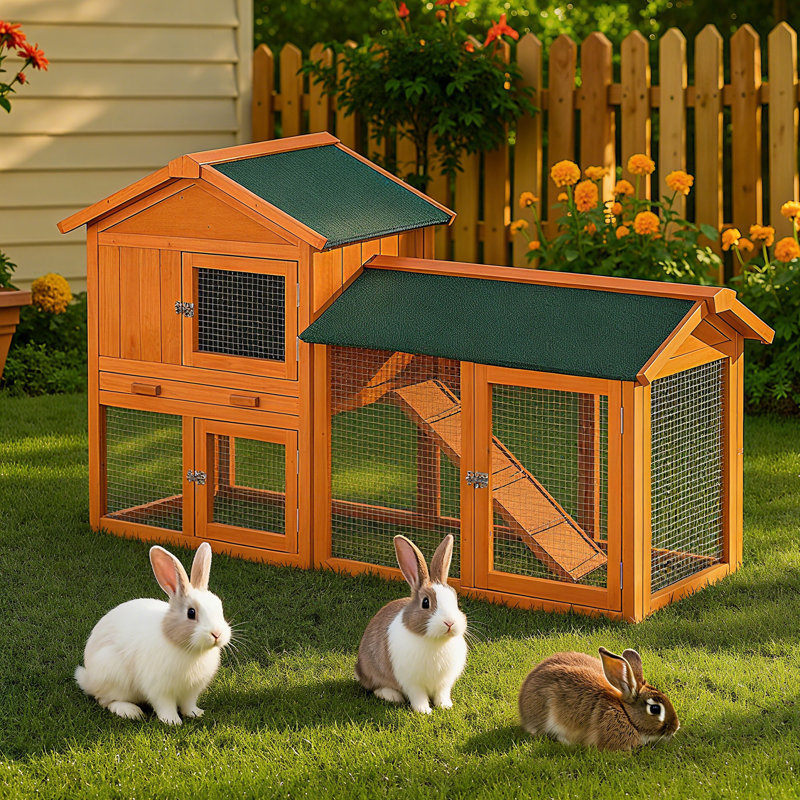 Cage à lapins en bois multi-niveaux avec rampe et enclos extérieur
