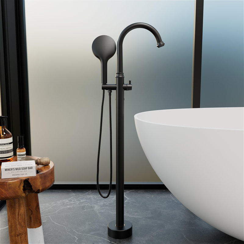 Robinet de baignoire autoportant à poignée simple avec douche à main et douche à main, Noir mat