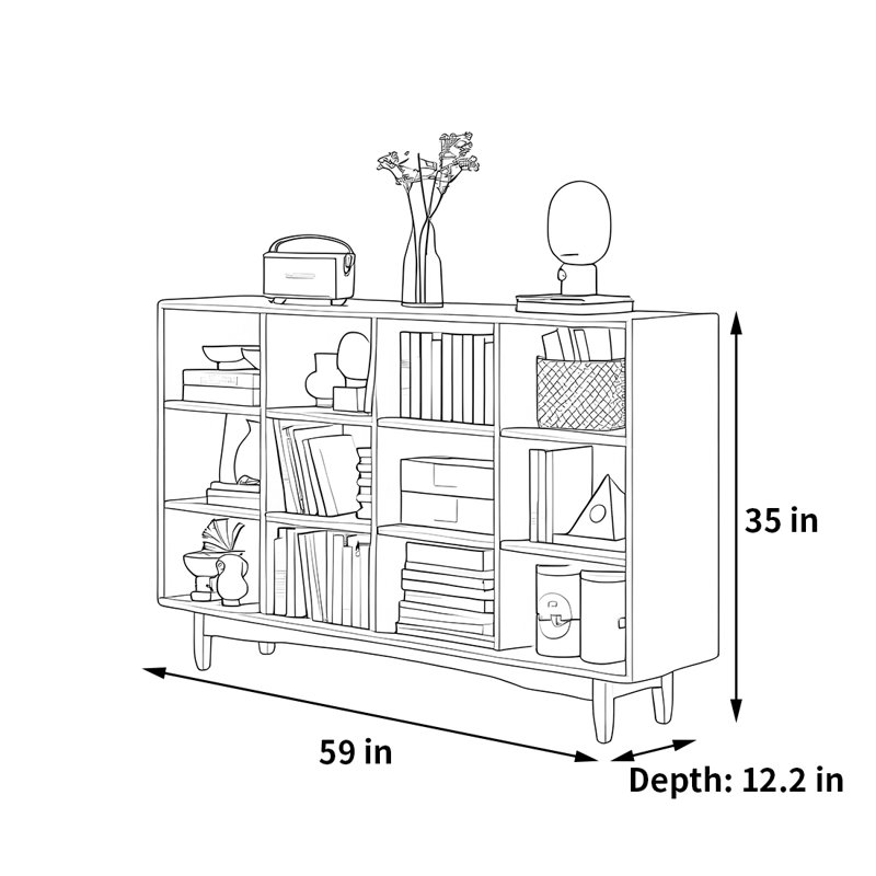 Bibliothèque de rangement domestique, H 35 po x l 59 po x P 12,2 po, Brun