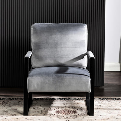Fauteuil de style Mid-Century avec velours gris, base en métal pour la stabilité et le confort Structure en velours carré, couleur, salon, chambre à coucher, bureau