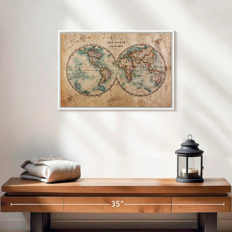 Hemisphere Map, 19" X 13", Floating Frame White
