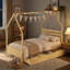 Lit cabane Montessori pleine grandeur avec 2 tiroirs de rangement, lit plateforme en bois en forme de maison avec tête de lit et foyer décoratif, sommier non requis-1461689322