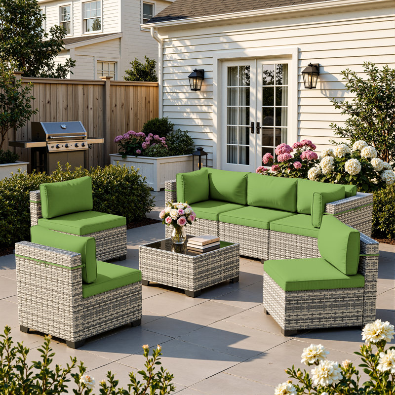 Ensemble de canapé modulaire d'extérieur 7 pièces avec osier en PEHD, coussins et table basse, ensemble de conversation modulaire pour patio