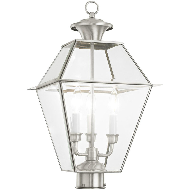 12 Inch 3 Light Outdoor Post Lantern with Clear Beveled Shade, Brushed Nickel