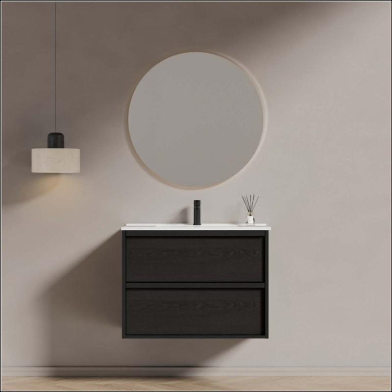 Meuble-lavabo de salle de bain avec lavabo en céramique - Meuble-lavabo mural flottant cannelé avec tiroirs, moderne, 32"