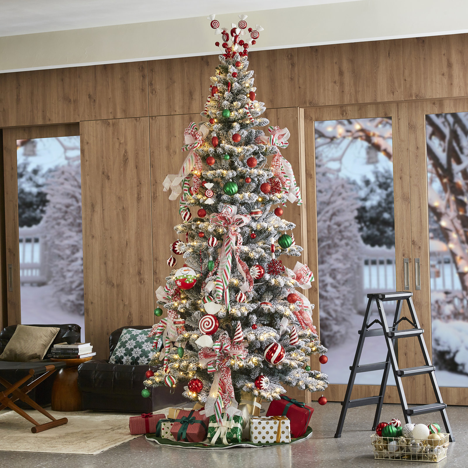 Slim Frosted Pre-Lit Spruce Christmas Tree, 9ft