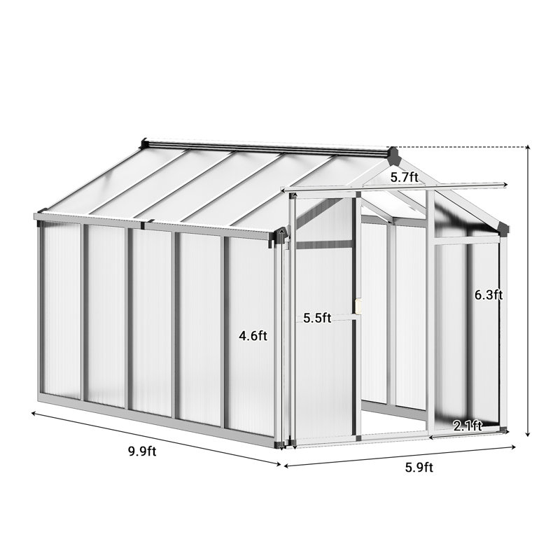Serre en polycarbonate résistant aux intempéries GarveeHome pour cadre extérieur en aluminium durable, porte verrouillable coulissante, évent de toit réglable