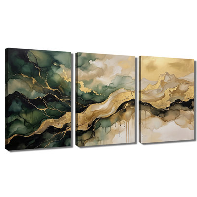 «Green Gold», art abstrait de montagne fluide - ensemble de 3 impressions sur toiles tendues avec châssis de qualité supérieure