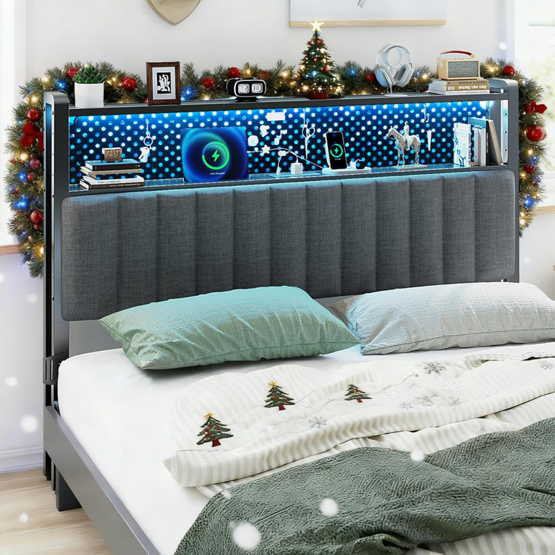 King Size Headboard, Adjustable Upholstered Headboard With 2 Tier Shelves And Pegboard With Charging Stations And LED Lights, Modern Bed Headboard With Storage Linen And Dark Gray