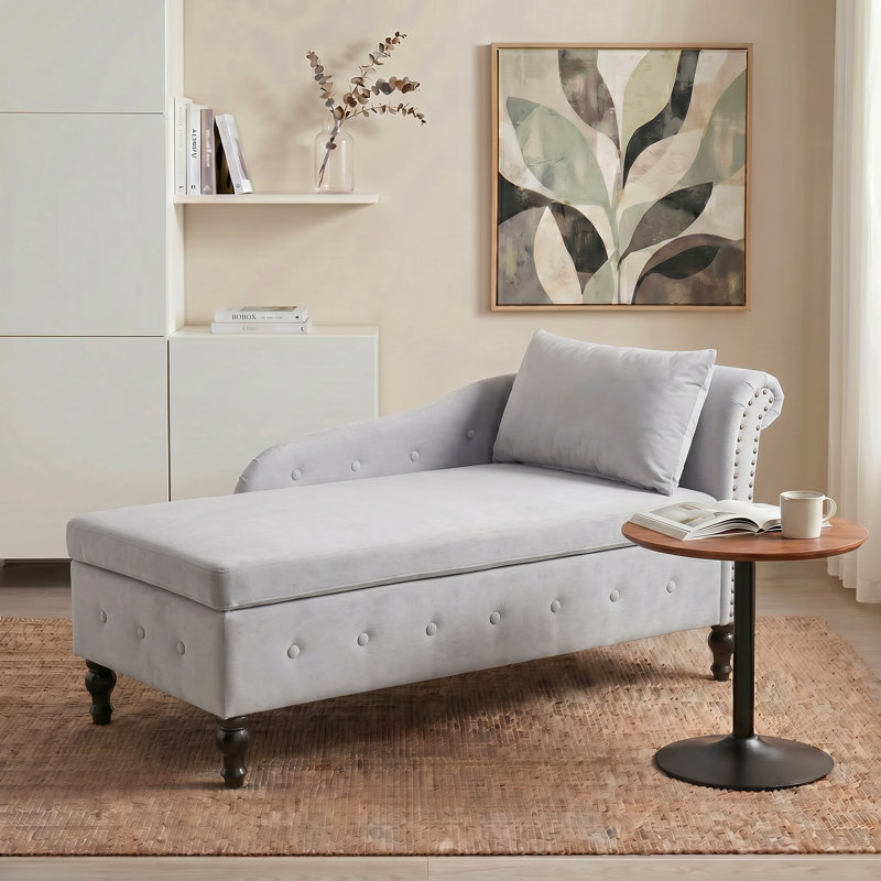 Chaise longue de rangement en velours Eastham, Gris clair, Orienté vers la gauche