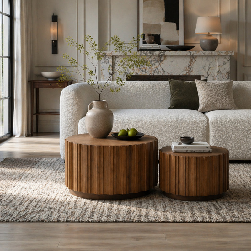 Ensemble de 2 nichoirs ronds gigognes en bois de noyer avec un design à lattes verticales pour un décor de salon rustique