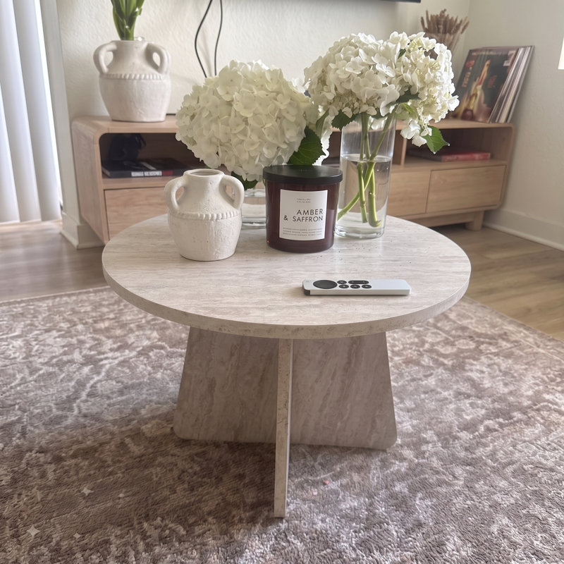  Round Travertine Look Coffee Table, Modern Faux Stone Accent & End Table for Living Room - 28.3"