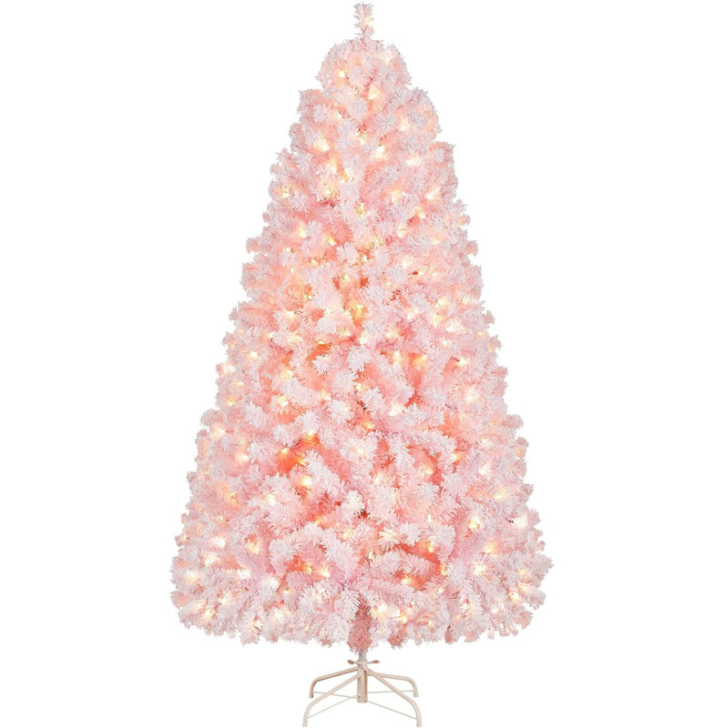 Arbre de Noël artificiel illuminé 6 pi avec lumières blanc chaud incandescentes, arbre de Noël enneigé floqué avec 820 branches, 250 lumières incandescentes et base pliable, rose