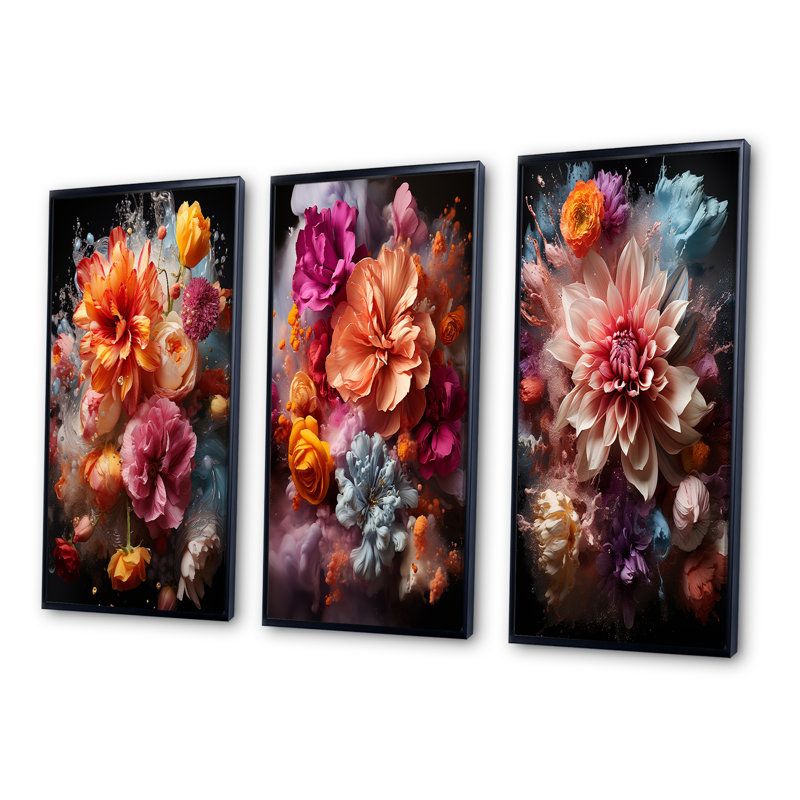 «Collage of Vibrant Blossoming Dahlia Flowers», 3 pièces sur toile, H 32 po x l 48 po, Cadre flottant noir
