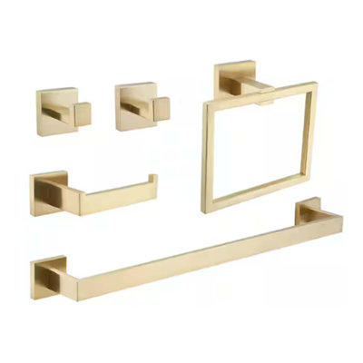 5-Piece Bath Hardware Set With Towel Bar,Included 2 Towel Hook,Toilet Paper Holder And Towel Ring In Brushed Gold