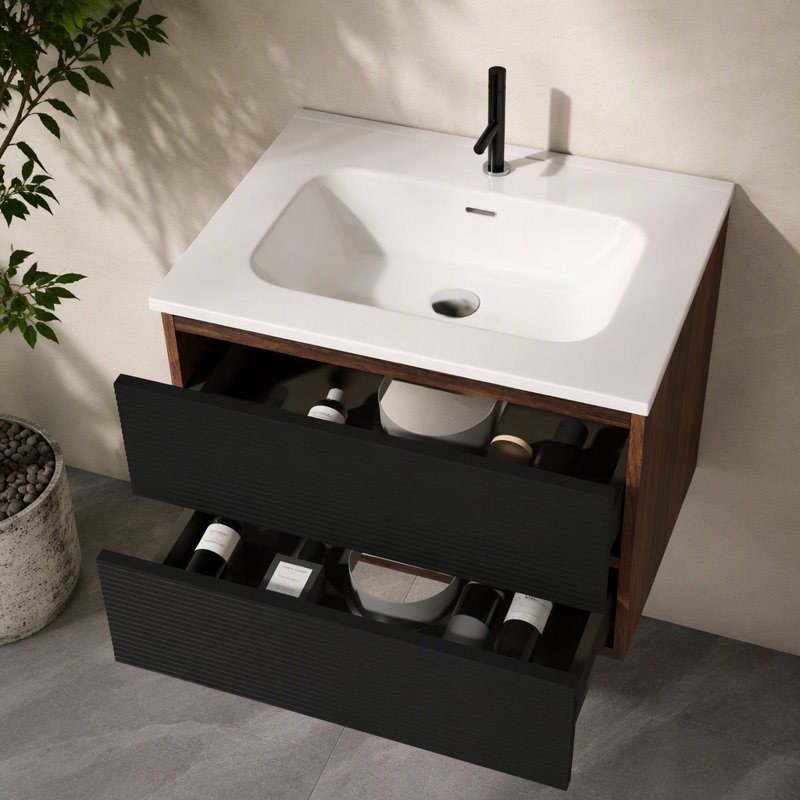 Meuble-lavabo suspendu Gloria 24 po, fini noir doux et noyer, avec lavabo en céramique intégré et trop-plein, grand meuble-lavabo suspendu pour salle de bain moderne, à assembler soi-même
