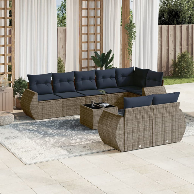 Ensemble de canapé de patio 9 pièces avec coussins en rotin de polyester, Bleu foncé, Gris