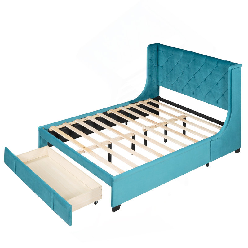 Lit de rangement luxueux rembourré en velours avec tête de lit à oreilles et fabrication robuste, Bleu