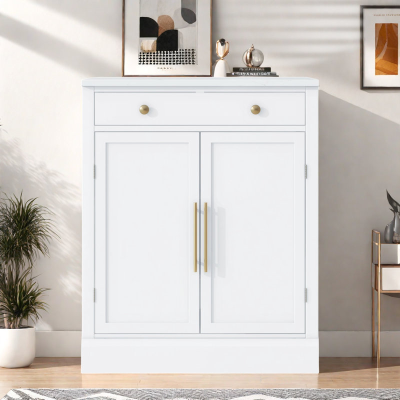 Buffet moderne avec 1 tiroir, 2 tablettes réglables et 2 tablettes de porte, Blanc
