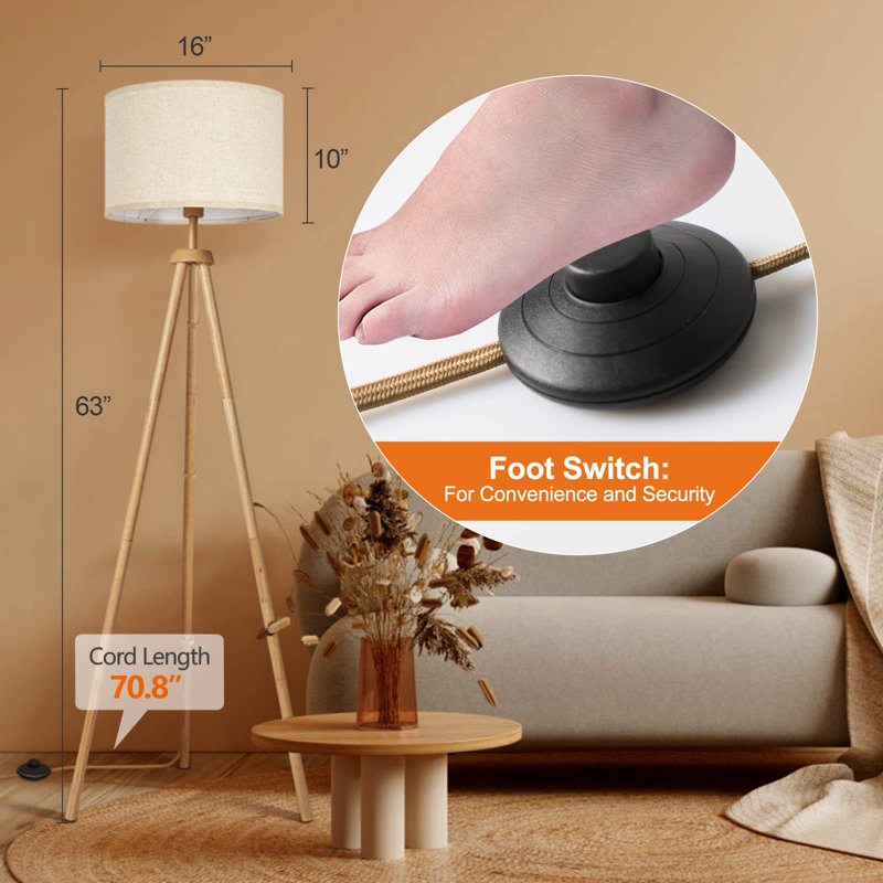Lampe trépied moderne en bois, 63 po de hauteur, 4 températures de couleur, télécommande