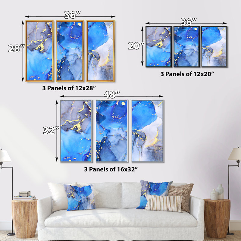 Bleu et or, art abstrait fluide de luxe - ensemble d'art moderne sur toile encadrée moderne de 3, H 28 po x l 36 po