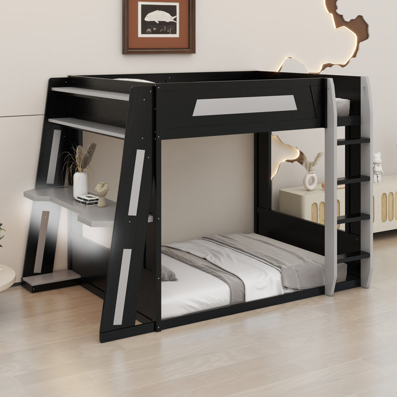 Lit superposé en bois avec bureau, Noir/gris