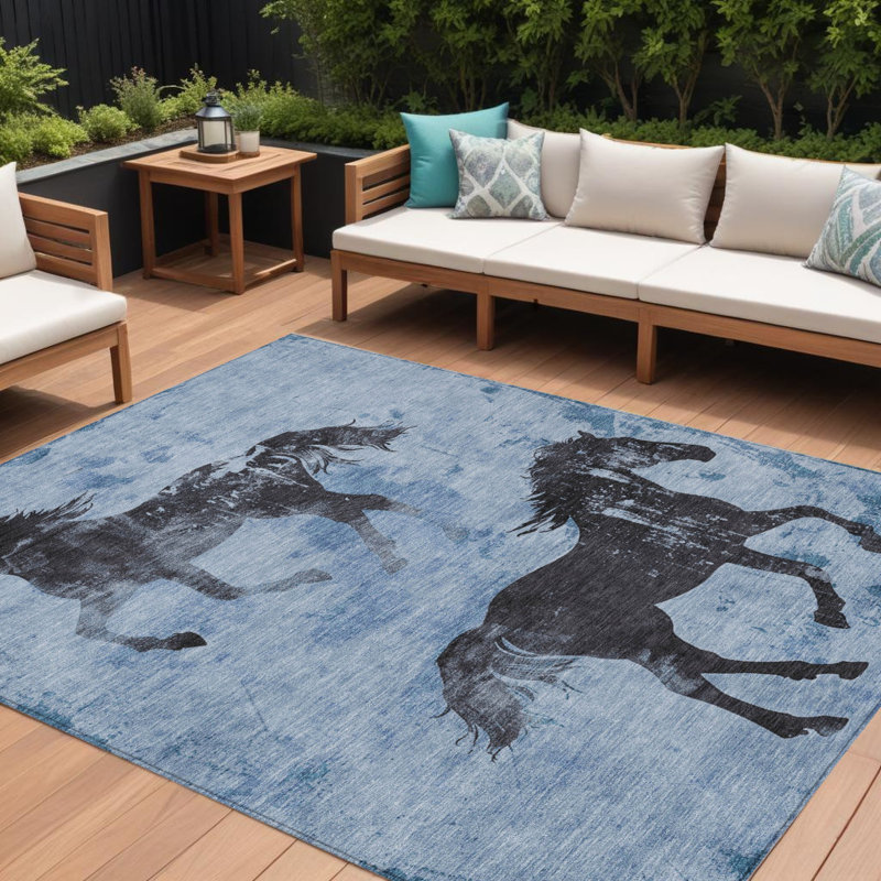 Tapis extérieur lavable bleu et gris anthracite 9 pi x 12 pi pour cheval