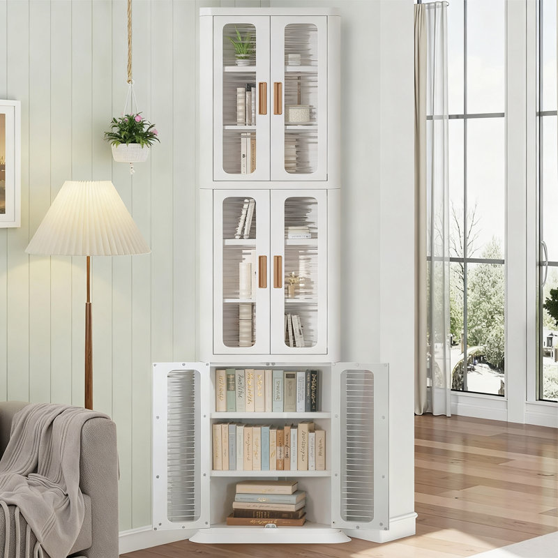 64'' Tall Corner Storage Cabinet with Doors & Shelves, White Bathroom Organizer, Kitchen Pantry, Living Room Display Cabinet, White Bookcase