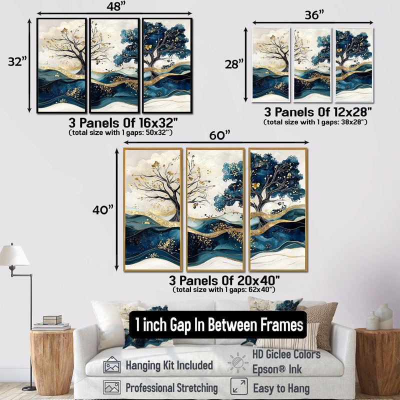 «Blue and White Modern Blossom Tree IV», ensemble de reproduction d'art mural cerisier en fleurs, H 28 po x l 36 po x P 1 po