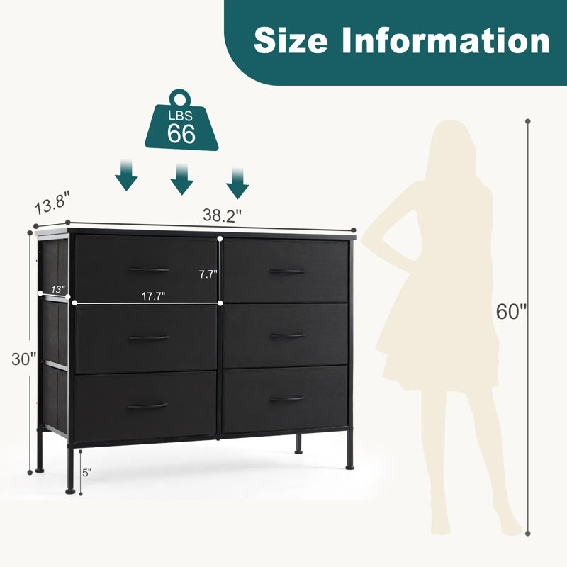 6-drawer Fabric Dresser Storage Tower With Wood Top And Metal Frame, Chest Of Drawers For Bedroom Closet Nursery, Tv Stand With Anti-tip Safety