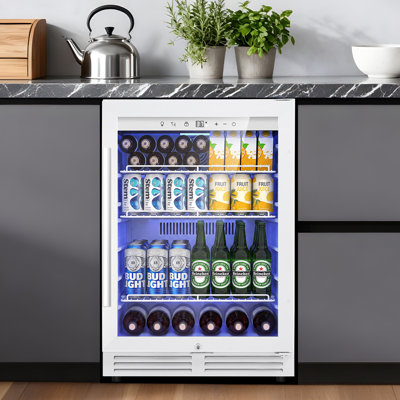 24" Built-In or Freestanding Beverage Refrigerator, 200-Can Capacity with Wire Shelves & Lock - White