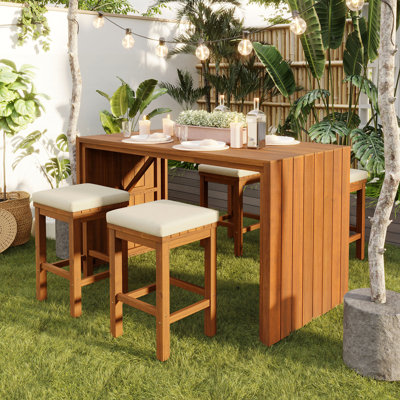 5 Piece Outdoor Bar Set with Acacia Wood Table and Stools, Beige Cushions for Patio, Backyard, Poolside, Balcony