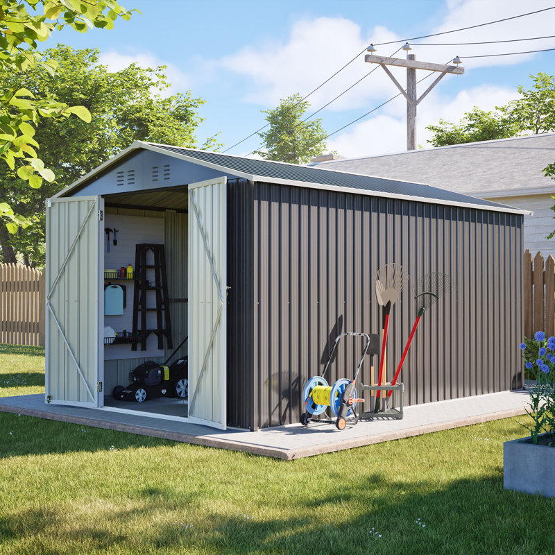 8x12 FT Metal Sloped Roof Shed - Grey Large Outdoor Storage with Aluminum Frame