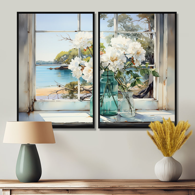 Fenêtre bleue vue sur la plage Blooms III - Décoration murale bleue 2 pièces, Reproduction encadrée sans passe-partout, Noir