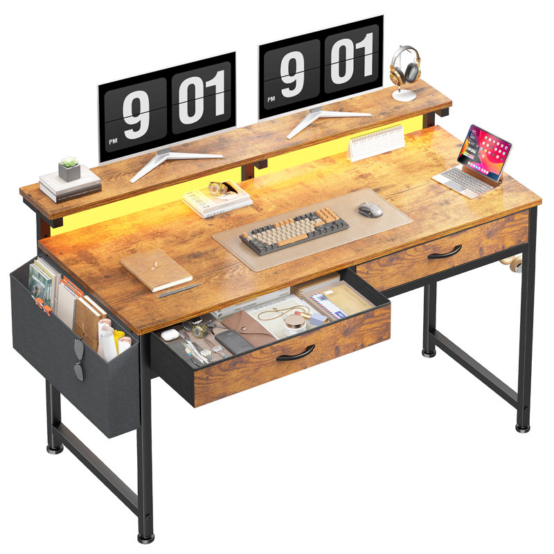 Small Computer Desk With 2 Drawers & LED Lights,Home Office Desks With Side Pocket And Monitor Stand, Brown