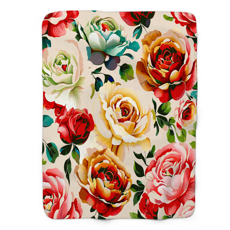 Motif Groovy - 1 pièce Sherpa Premium, Grand lit, Rouge clair / bleu / vert floral